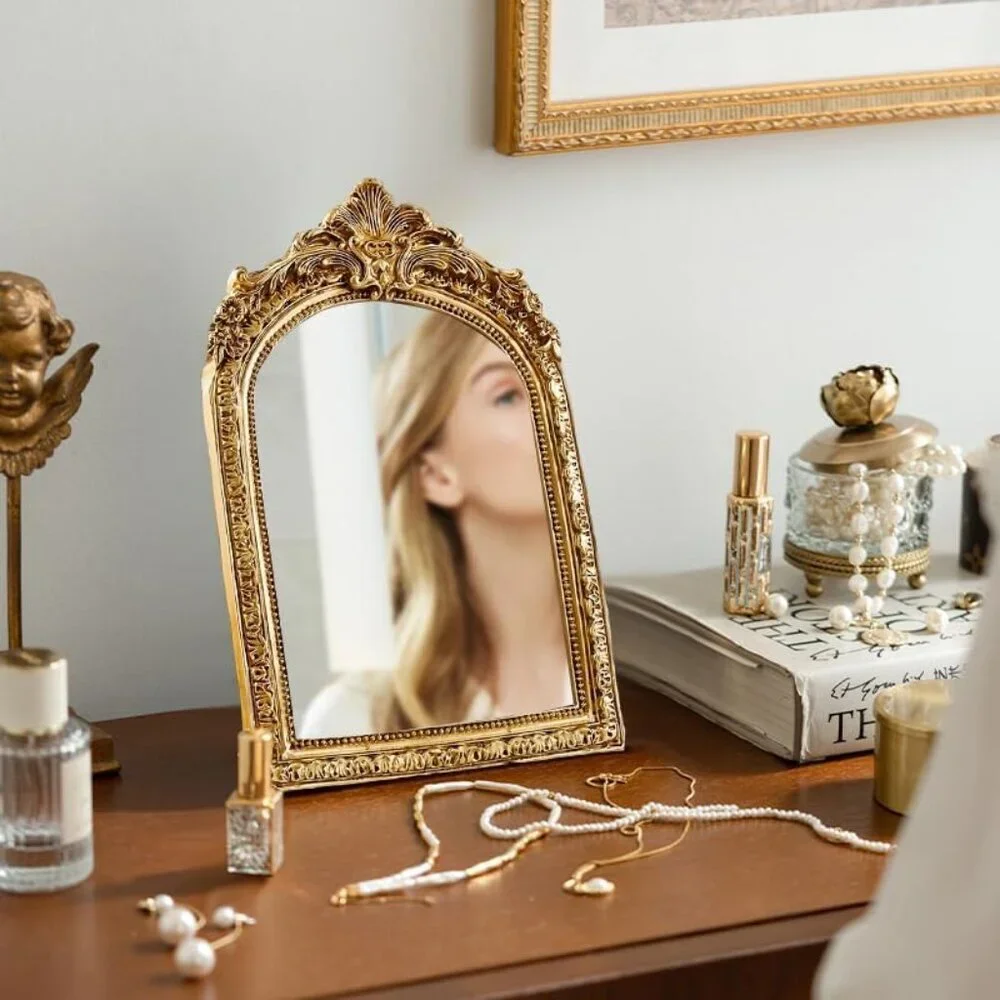 Vintage Makeup Desk Mirror 7 Inch Gold Antique Mirror Frame Decorative Wall Art
